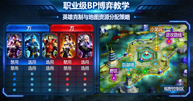 战术分析屏幕展示英雄选择与地图点位标注，体现职业级BP博弈与教学内容